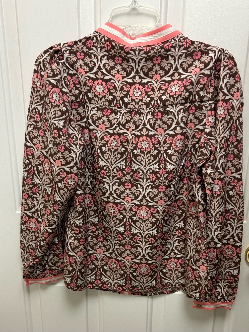 Mary Square Coral & Brown Floral Top with Coral & White Banded Neckline - Picture 9 of 16